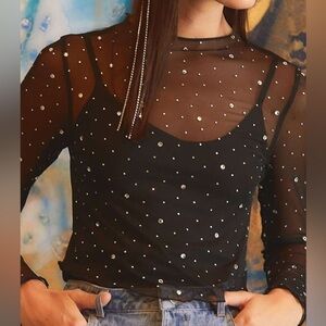 Black Sequin Fitted Long Sleeve Blouse